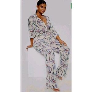 Pretty Little Thing Plus Cream Beige Floral Wide Leg Flowy Pants Size 20 - 40×34